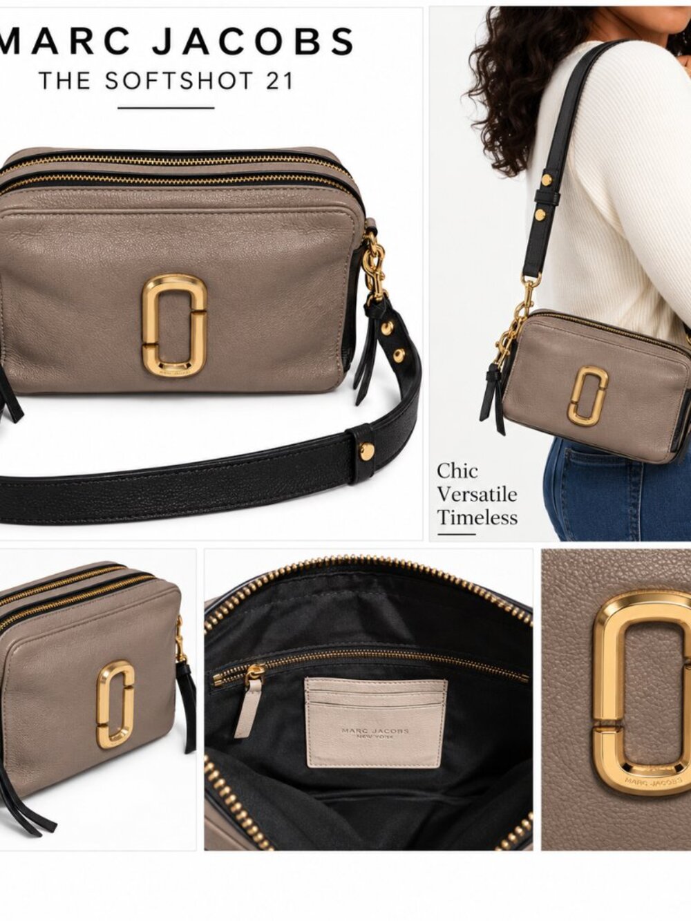 Marc Jacobs Softshot 21 Taupe Leather Crossbody Bag Chic Minimalist Gold Logo